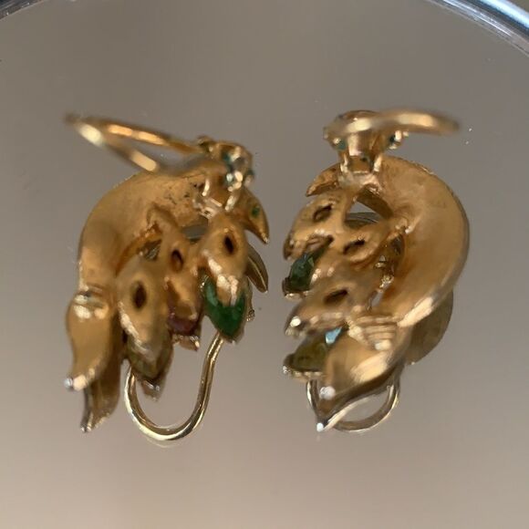Vtg 60s multi colored rhinestone gold clip earrings - Picture 5 of 5